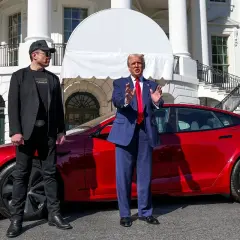 Elon Musk i Donald Trump przy czerwonej Tesli przed Białym Domem. Kto jest właścicielem Tesli?