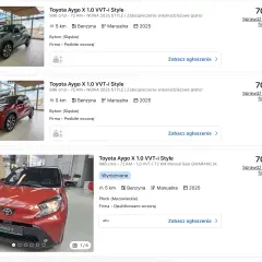 Toyota Aygo X 1.0 VVT-i Style. Zastanawiasz się, czy toyota aygo rozrząd pasek czy łańcuch? Te auta z 2025 roku mają manualną skrzynię i silnik benzynowy.