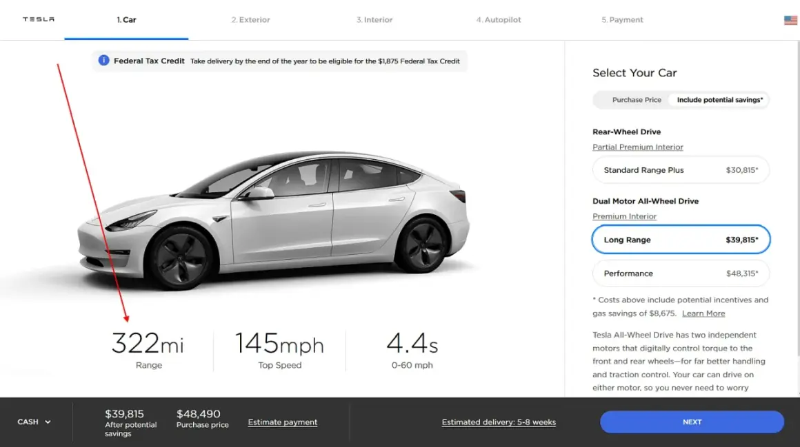 Biały samochód Tesla Model 3 z zaznaczonym zasięgiem 322 mil.